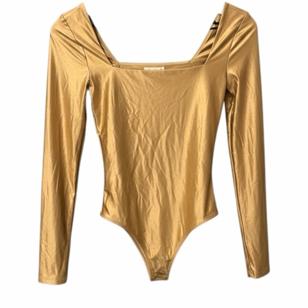 Aritzia Babaton Metallic Gold Long-Sleeve Bodysuit Night Out | Minimal Chic | XS